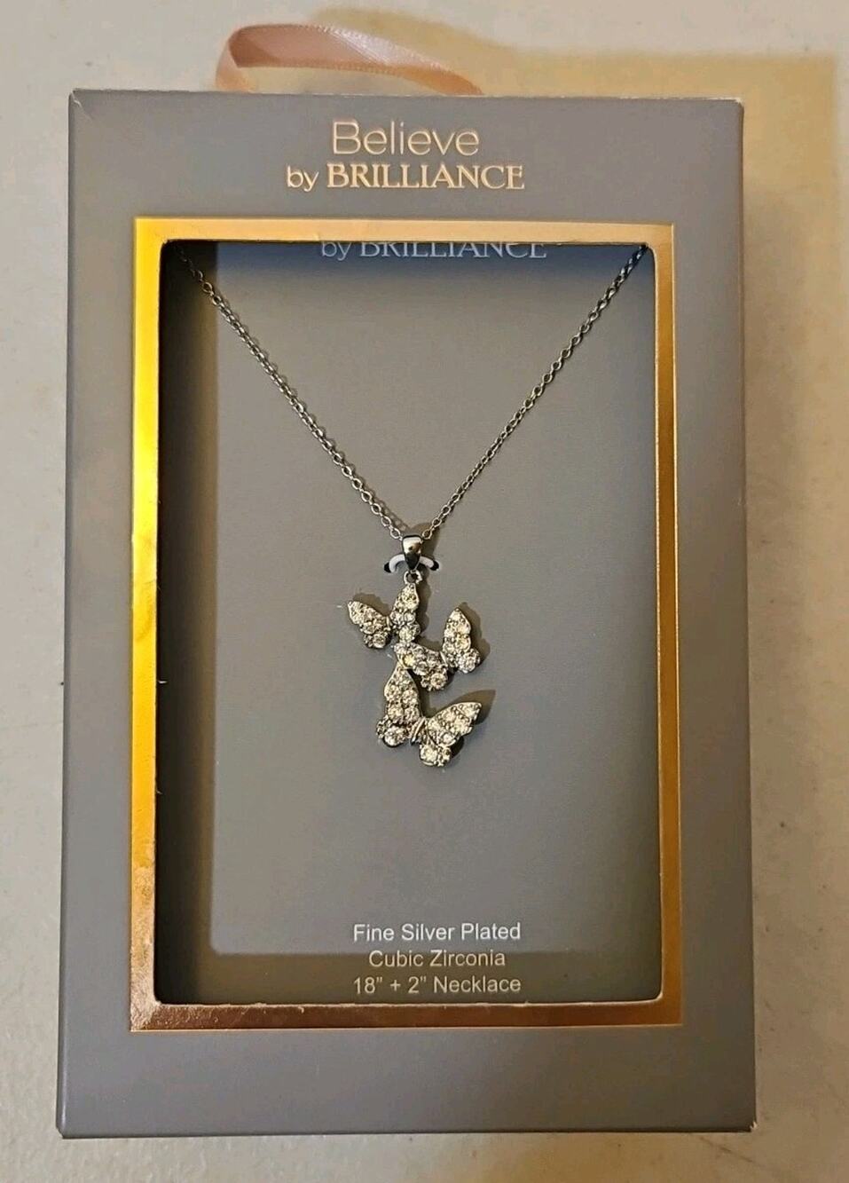 Silver Plated Cubic Zirconia Triple Butterfly Necklace Boxed Gift
